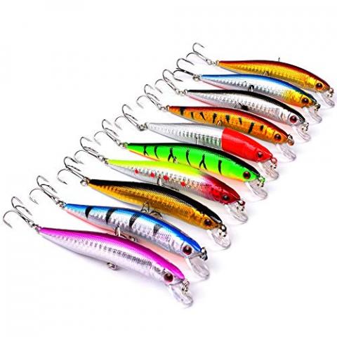 OriGlam Lot de 10 leurres de pêche durs pour méné - Leurres de pêche réalistes - Leurres durs pour bar, truite - Appâts durs pour eau salée et eau douce