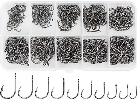 CAPRICIOUS 500Pcs Crochets de Pêche Hameçons Carpe de Pêche en Acier Carbone Amecon Hamecon de Peche Truite Mer Hameçons Barbelés en 10 Tailles avec Barbes et Boîte Plastique pour Pêche Eau Douce Mer