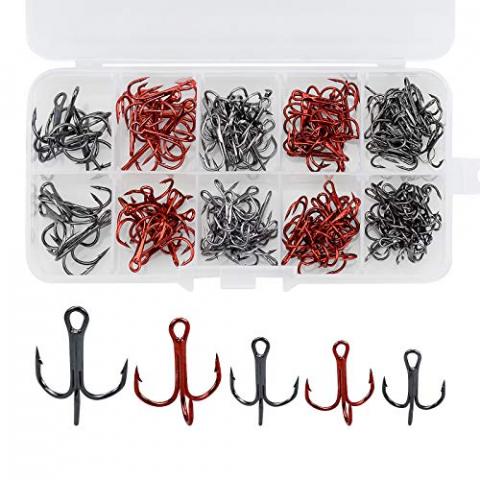 130 Pcs Triple Hameçon Pêche Trident Peche Triples Hameçons Barbelés Acier à Haute teneur en Carbone Taille 4# 6# 8# 10#