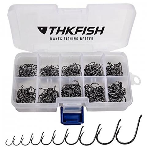 THKFISH Hameçons pêche Eau fraiche Acier à Haute teneur en Carbone Hameçons pêche avec boîte en Plastique Hameçons pêche Yeux Hameçons 10 Tailles 500 pièces