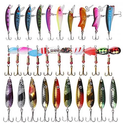 Ewolee Leurres de Pêche Kit, 30 PCS Cuillere Peche Truite Kit, Appât Dur, Paillettes Tournantes, Paillettes en Forme de Cuillère, Kit dappâts de Pêche Portable avec Boîte
