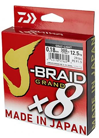 Daiwa J-Braid Grand X8E 0.28mm, 26.5kg/58.0lbs, 270m, Gris Clair, Ligne de Pêche Tressée, 12793-128